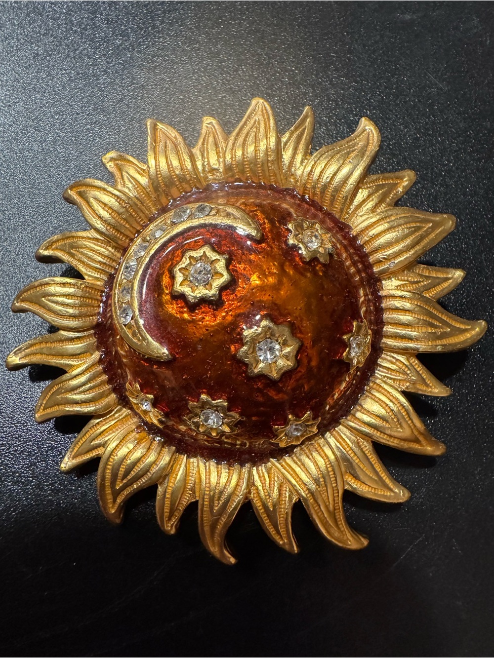 Vintage Sun & Moon Rhinestone celestial Gold Tone Brooch/Pendent 2.5”